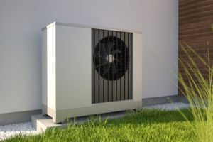 Air heat pump beside house, 3D illustration