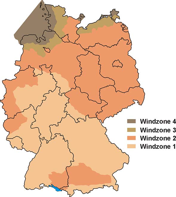 Karte Windlastzonen in Deutschland